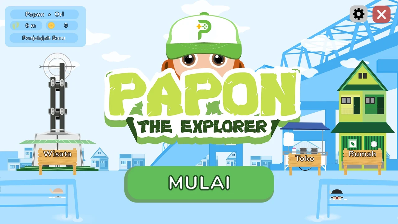 Menu utama Papon The Explorer: Papon bertopi P di depan Tugu Khatulistiwa dan rumah panggung, dengan tombol Mulai.